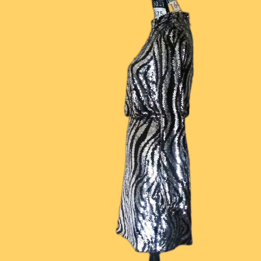 TED BAKER Sequin Mini Dress Animal Striped Print Mock Neck LS Silver Sz 0-2 / XS - Picture 13 of 16